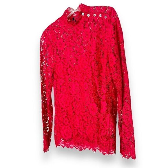 J. Crew Red Mockneck Floral Lace Long Sleeve Blouse Eyelash Hem Women’s Size 4 - Picture 4 of 12